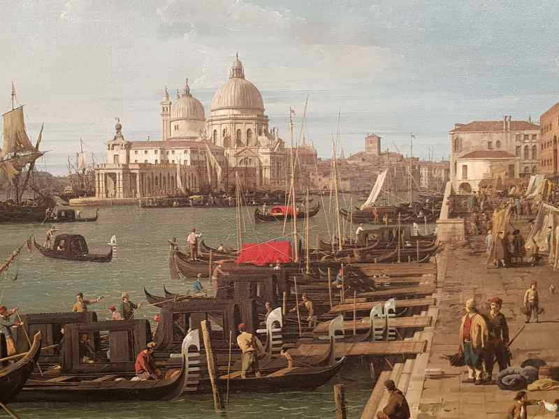 Canaletto, Il molo verso ovest, con la colonna di San Teodoro a destra, Venezia - dettaglio del molo