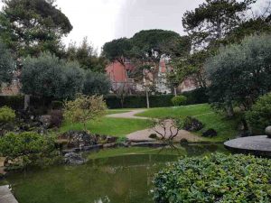 Il laghetto e il sentiero del giardino dell'istituto giapponese di roma
