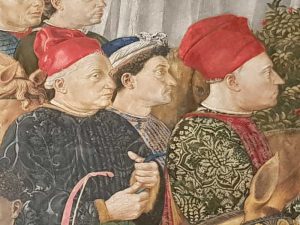 Personaggi del corteo del mago giovane, identificati in Cosimo il Vecchio, a sinistra, e Piero il Gottoso a destra