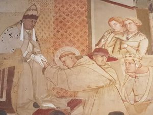 Ambrogio Lorenzetti, Ludovico di Tolosa si conceda da papa Bonifacio VIII - dettaglio del santo e del papa