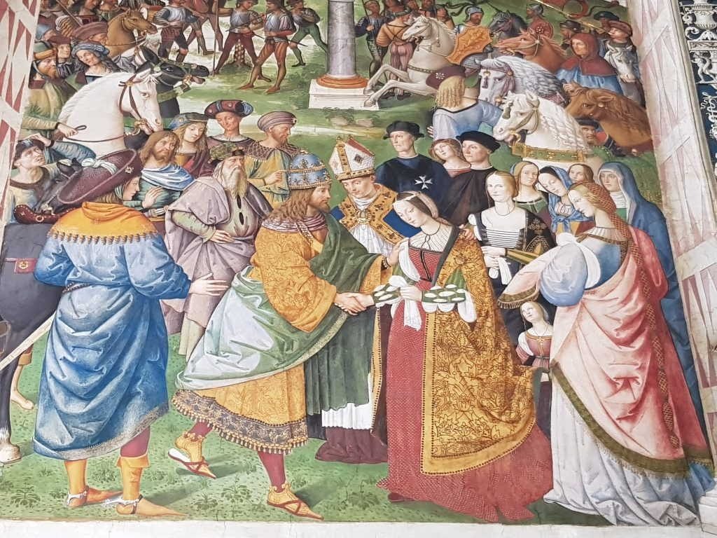Libreria Piccolomini, Enea Silvio, vescovo di Siena, presenta Eleonora di Portogallo all'imperatore Federico III - dettaglio
