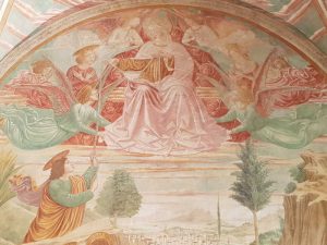 Benozzo Gozzoli, Tabernacolo della Madonna della Tosse di Castelfiorentino, Scena dell'Assunzione della Vergine - dettaglio della donazione della cintola