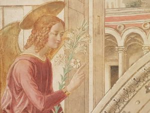 Benozzo Gozzoli, Tabernacolo della Visitazione di Castelfiorentino, Annunciazione - dettaglio dell'Arcangelo Gabriele