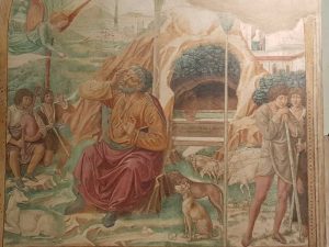 Benozzo Gozzoli, Tabernacolo della Visitazione di Castelfiorentino, Scena dell'annuncio a Gioacchino - dettaglio