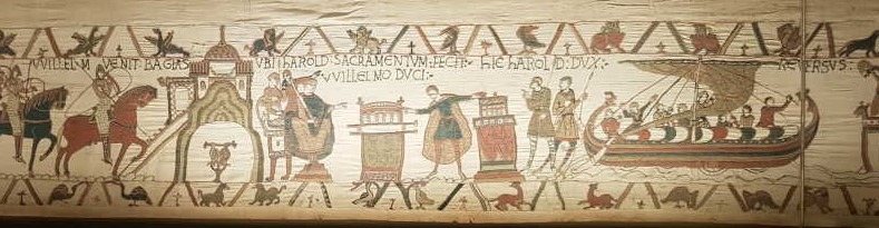Da sinistra: Guglielmo e Harold tornano in Normandia dopo la spedizione militare in Bretagna; Harold presta giuramento di fedeltà a Guglielmo; Harold riparte per l'Inghilterra. Arazzo di Bayeux