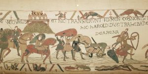 Arazzo di Bayeux, episodio di Harnold che salva alcuni cavalieri normanni dalle sabbie mobili di Mont-Saint-Michel. Alle spalle, la rocca in costruzione
