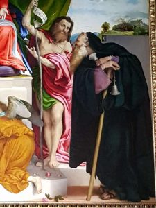 Lorenzo Lotto, Pala di san Bernardino - dettaglio dei santi Giovanni Battista e Antonio Abate