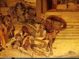 Lorenzo Lotto, Gianfrancesco Capoferri, Tarsia di Davide e Golia - dettaglio. Lorenzo Lotto a Bergamo