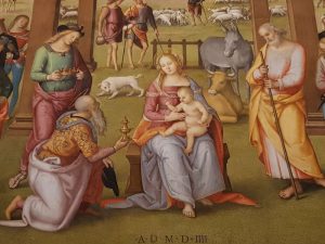 Perugino, l'Adorazione dei Magi nell'Oratorio di santa Maria dei Bianchi - dettaglio della sacra Famiglia