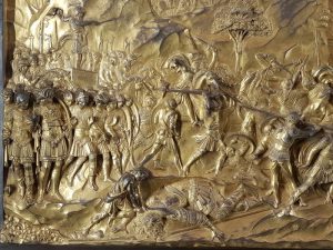 Storie di Davide, in alto a sinistra Saul conduce l'esercito d'Israele, in basso al centro Davide decapita Golia, a destra gli israeliti mettono in fuga i filistei