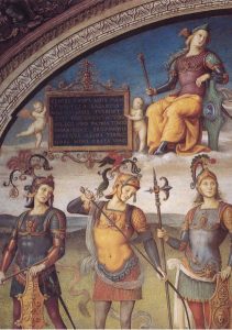Sala delle Udienze. Pietro Perugino, Guerrieri romani Lucio Sicinio, Orazio Coclite, Publio Scipione @Collegio del Cambio