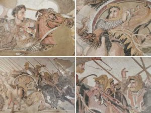 Battaglia di Alessandro Magno e Dario III re dei persiani (proveniente dalla Casa del Fauno). A sinistra in alto Alessandro a cavallo, in basso Dario III. Museo Archeologico di Napoli