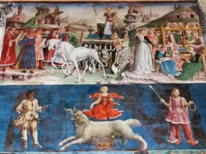 Salone dei Mesi, Palazzo Schifanoia. Francesco del Cossa, mese di Aprile. In alto il Trionfo di Venere, in basso il segno del Toro