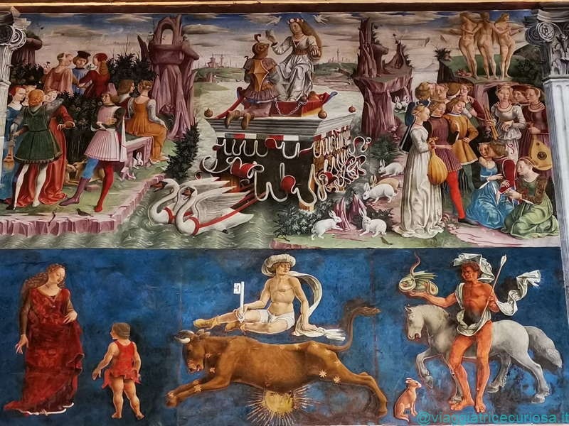 Salone dei Mesi, Palazzo Schifanoia. Francesco del Cossa, mese di Marzo. In alto il Trionfo di Minerva, in basso il segno dell'Ariete