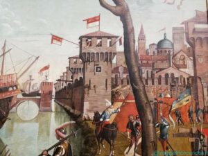 Vittore Carpaccio, Arrivo dei pellegrini a Colonia - particolare delle mura della città, che rievocano l'Arsenale di Venezia