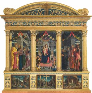 Andrea Mantegna, Sacra conversazione. Il trittico è collocato sull'altare maggiore, la predella è una copia dell'originale (l'opera fu trafugata da Napoleone e restituita solo in parte). @chieseverona.it