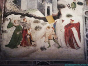 Il Ciclo dei Mesi nella Torre Aquila del Castello del Buonconsiglio a Trento. Il mese di gennaio, particolare di una compagnia signorile che si affronta a palle di neve